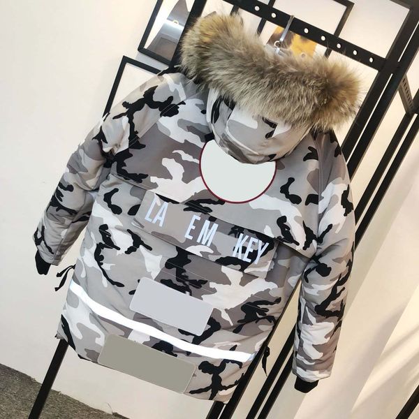 

luxury mens jacket canada fashion goosedown boutique high end coats luminous stripe camouflage print large size thick warm fur collar top, Black