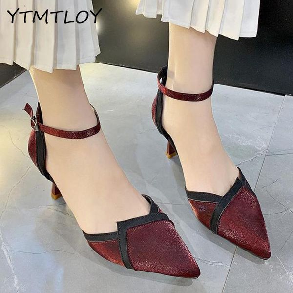 

women pointed toe high heels shoes woman shallow pumps ladies buckle strap party wedding stilettos shoes zapatos de tacones, Black