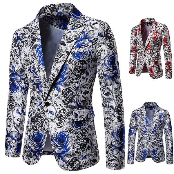 

blue printing male fashion party suit coats casual men's banquet blazer jackets nightclub male dj dance performance costumes, White;black