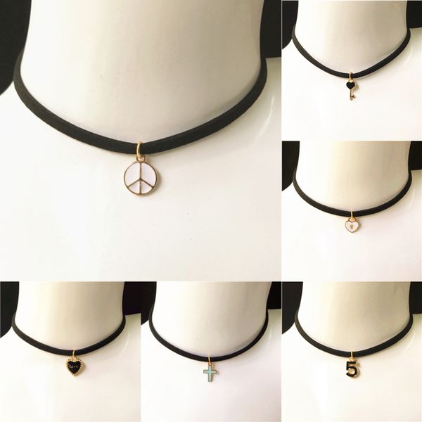 

ladies handmade peace love lock pendant suffix short sleeve necklace gothic series cross clock key black velvet collar necklace, Golden;silver
