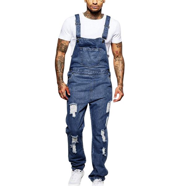 

2019 new stylish garment men hole pocket jean overall jumpsuit handsome streetwear overall suspender pants s-3xl ropa de hombre, Blue
