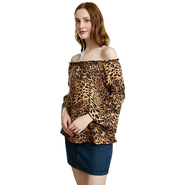 

2019 new spring and summer trumpet sleeves loose strapless word collar leopard chiffon shirt jacket ladies top, White