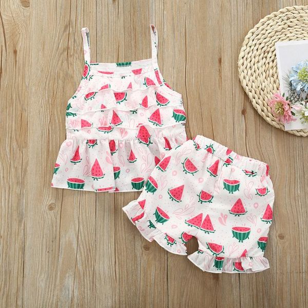 

toddler kids baby girls ruffle vest +watermelon short summer outfits clothes, White