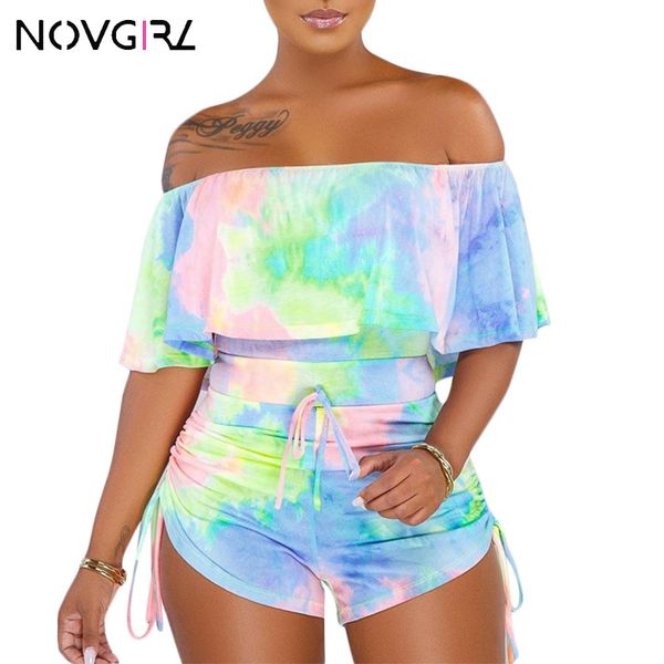 

tie dye print bandage jumpsuit women 2019 summer off shoulder ruffles beach rompers playsuit drawstring club overalls, Black;white