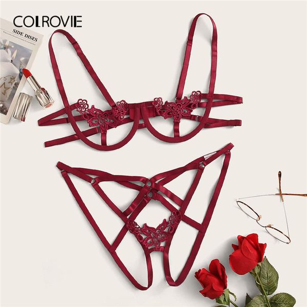 

colrovie cut-out crochet underwire lingerie set women intimates 2020 new solid sets bra and hipsters ladies bra set, Red;black