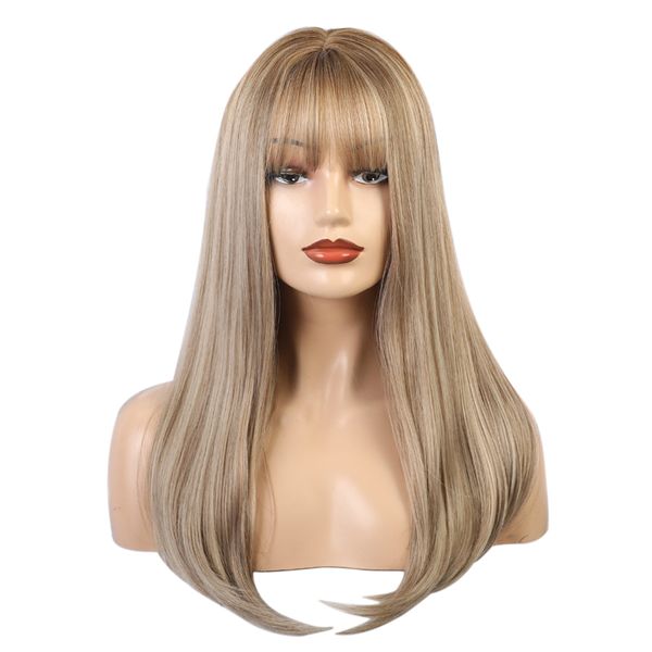 

women's fashion 22 inches long straight wigs with neat bangs, light blonde cosplay costume heat friendly wig with net cap, Black