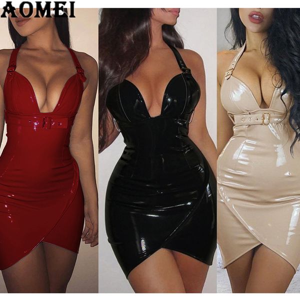 

women pu dress 2020 tight deep v neck pvc wet look leather with waist belt sheath slim dresses red black bodycon club wear, Black;gray
