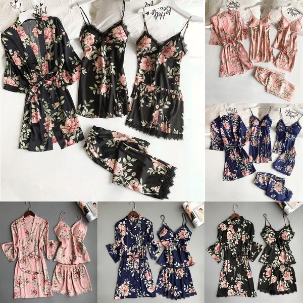 

5pc pijama lace women pyjamas satin kigurumi robe bathrobe trousers shorts lingerie set femme pajamas mujer sleepwear s-3xl, Black;red