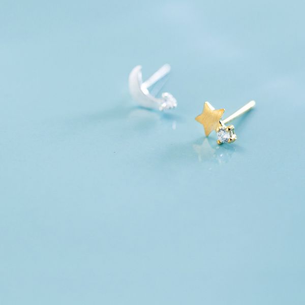 

100% 925 real sterling silver women fashion jewelry tiny asymmetric gold silver moon star stud earrings gift for girls lady, Golden;silver