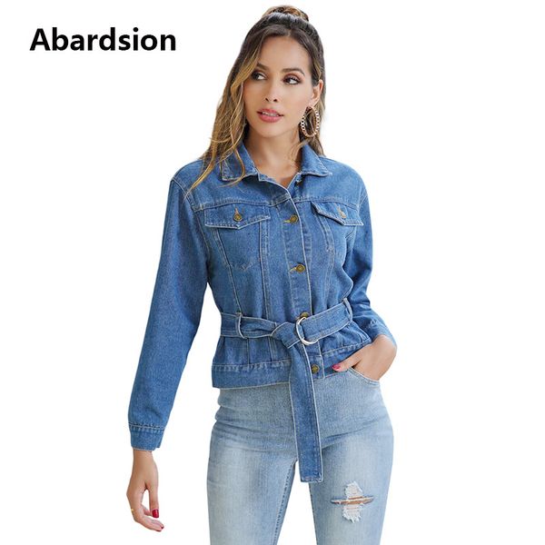 

abardsion 2019 women denim jacket blue casual outerwear female autumn winter belted slim crop bomber jackets, Black;brown