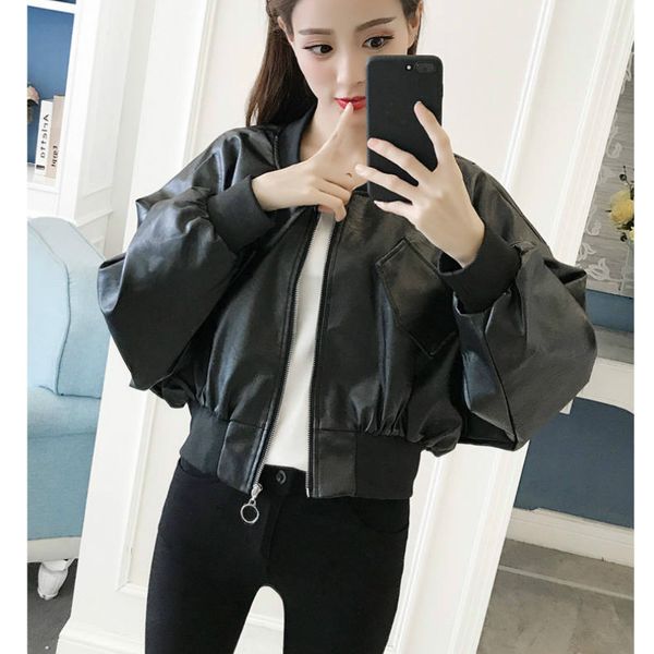 

women loose boyfriend faux leatherjacket female clothes short coat, Black
