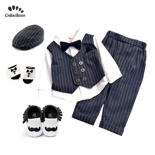 

baby clothes newborn boys girls outfits strip gentleman suits tie bow t shirt pant hat sock shoes 5pcs clothing sets for wedding t200414, White