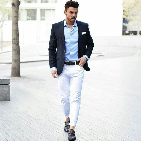 

Casual Slim Fit Navy Blue Men Business Blazer Men Suits for Wedding White Trousers Groom Tuxedos 2Piece Terno Masculino trajes de hombre