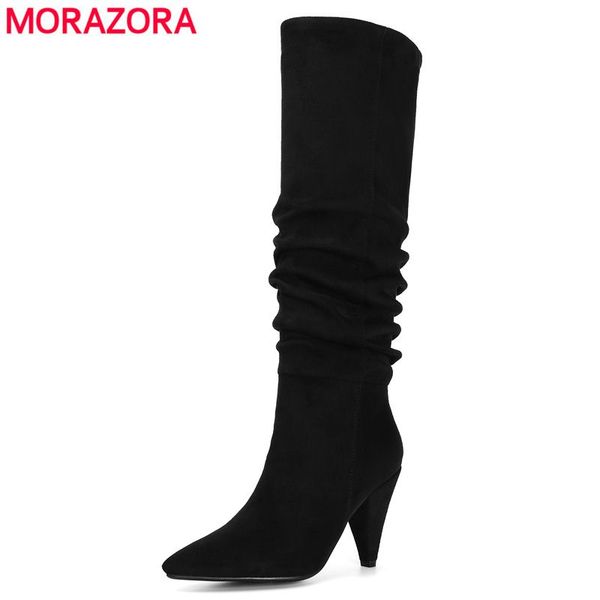 

morazora brand plus size 34-43 new women boots spike high heels pleated knee high boots quality fashion ladies botas female, Black