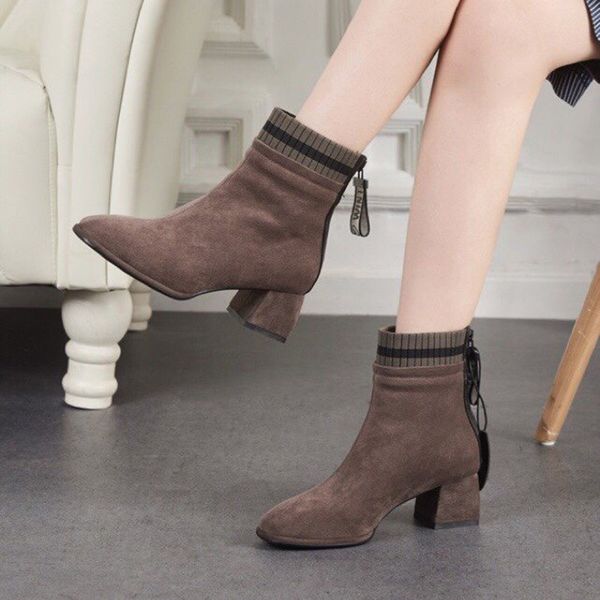 

martin boots female 2019 new square head high-heeled cotton shoes women's autumn and winter plus velvet wild zipper with thick heel boo