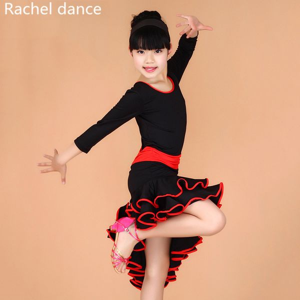 

2019 девушка с длинными рукавами латиноамериканское танцевальное платье детская юбка бальные танцы платья дети сальса румба ча ча самба танг, Black;red