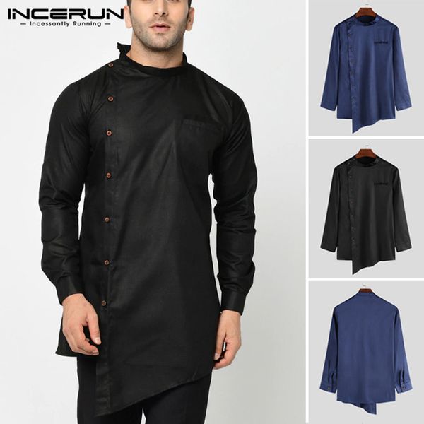 

men's casual shirts man irregular kaftan dress shirt fit stand collar button muslim camisa men long solid color robe s-5xl, White;black