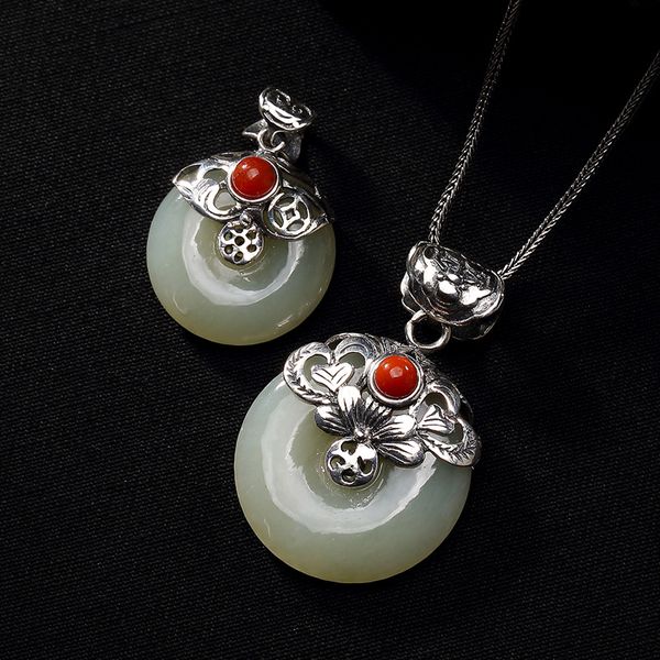

real silver 925 lotus flower stone pendant jade peace buckle amulet with red onyx gemstone natural sterling silver bijoux femme