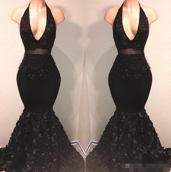 

2019 black halter prom dresses plunging v neck lace applique flowers beaded mermaid illusion custom made plus size long evening gown