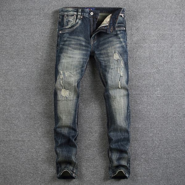 

retro design fashion mens jeans nostalgia wash slim fit denim ripped jeans for men brand streetwear biker, Blue