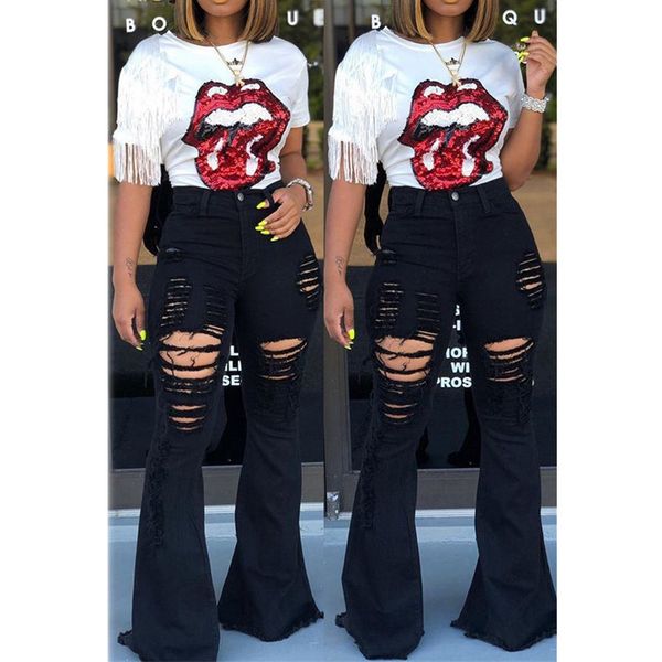 

women denim high waist flare jeans boyfriend ripped calca jeans lady skinny wide leg mom plus size, Blue