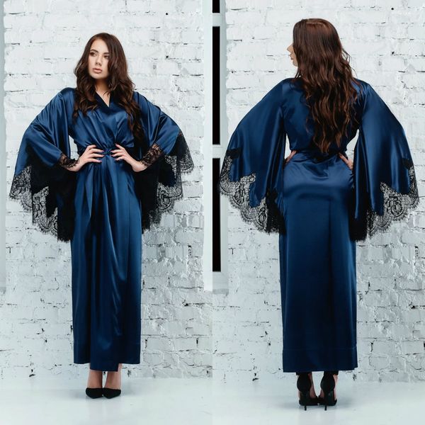 

navy blue v-neck wedding bathrobes long sleeve lace satin silk pajamas sleepwear bridal robe floor-length women lingerie nightgown housewear, White;pink