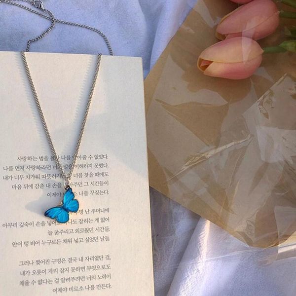 

fashion sweet temperature control color change butterfly pendant necklace stainless steel chain necklaces for women jewelry gift, Silver