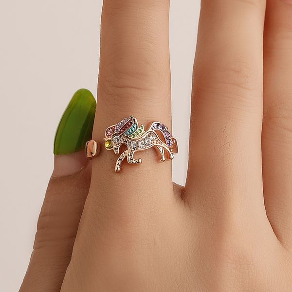 

s995 fashion jewelry cartoon cute unicorn ring coloured pony diamond opening adjustable ring, Silver