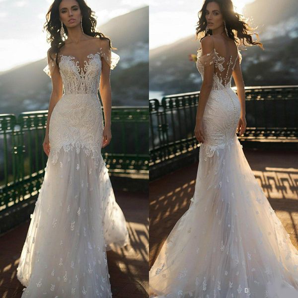 

2020 beach mermaid wedding dresses spaghetti off shoulder lace sequined boho wedding gowns buttons back sweep train robes de mariée, White