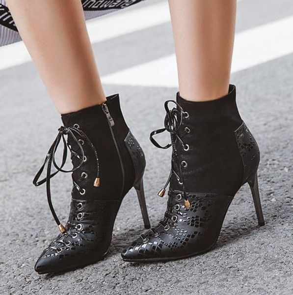 

2022 new fashion plus boots size 33 34 to 42 43 black stone grain pointy toe high heels ankle boots