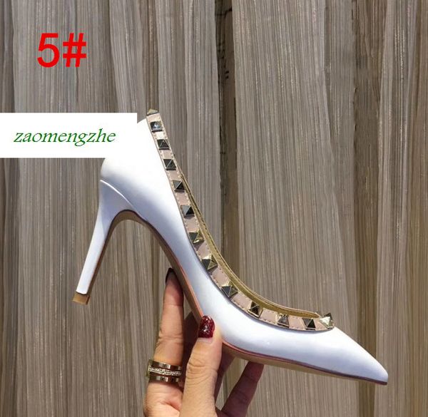 

дизайнер острым носом 2-ремень с шпильками высокие каблуки лакированные заклепки сандалии женская обувь валентина туфли на высоком каблуке 8, Black