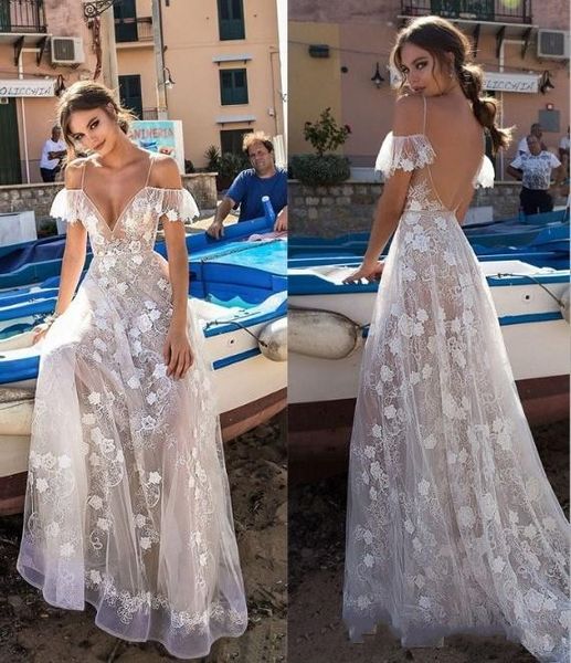 Discount 2019 Bohemian Beach Lace Wedding Dress Spaghetti Straps A