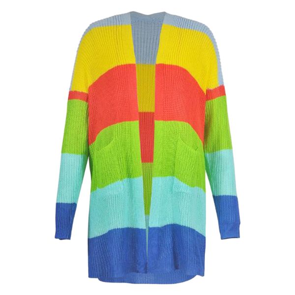 

long sleeve autumn sweater daily warm street striped o neck casual soft cotton blend loose rainbow women cardigan, White