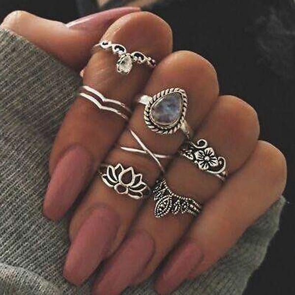 

retro openwork flower gems geometry 7 piece set turquoise moon arrow loop fashion ring set bohemian stackable set for female girls, Golden;silver