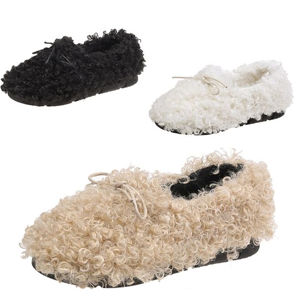 

whole sale fur shoes female 2020 autumn new sale dropshipping bow flat peas shoes white wild lazy warm plus velvet shoes size 35-40
