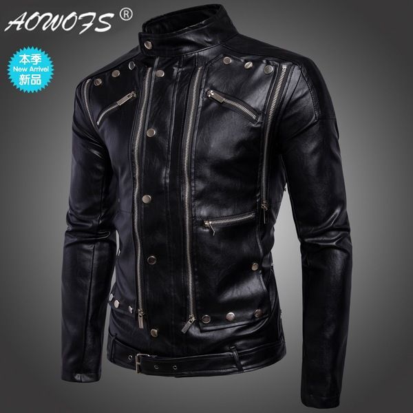 

2019 new style men's pu jacket european yards style men locomotive zipper more men's leather fur coat jacket, Black