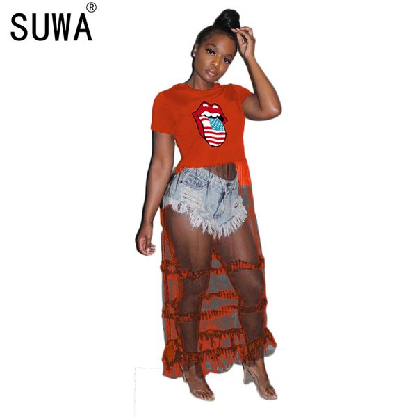 

мода радуги губы печати женщин о-образным вырезом с коротким рукавом тройники платье моды сексуальные оборки сращивания высокой талии см-чер, Black;gray