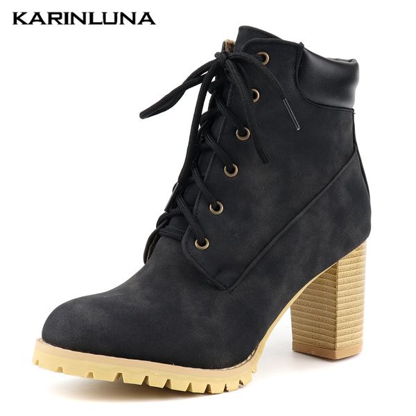 

karin british high heels western boots women winter ankle boots women 2019 shoelace shoes woman plus size 43, Black
