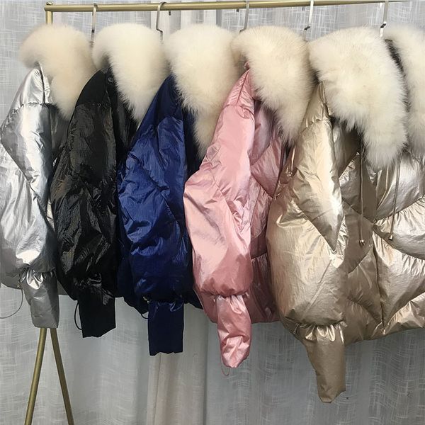 

european 2019 winter short down coat women bright face fur big fur collar white duck down jacket women loose bread coat 025, Black