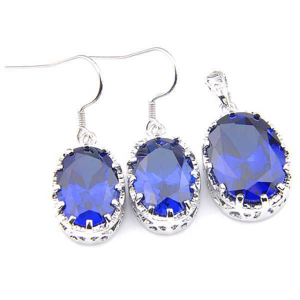

luckyshine retro jewelry sets earring pendants oval blue zircon silver for women's anniversary gift sets