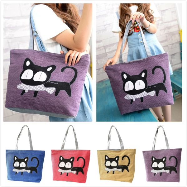 

fggs girl cat eat fish shopping bag canvas large clutch shoulder ladies casual handbags beach tote women bags handbags