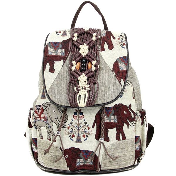 

simple national wind bag female new tide cotton and linen elephant backpack