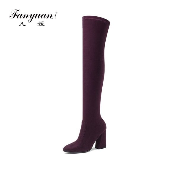 

fanyuan 2019 autumn winter over the knee boots women flock elegant prom thigh high boots thick high heels black size 34-43