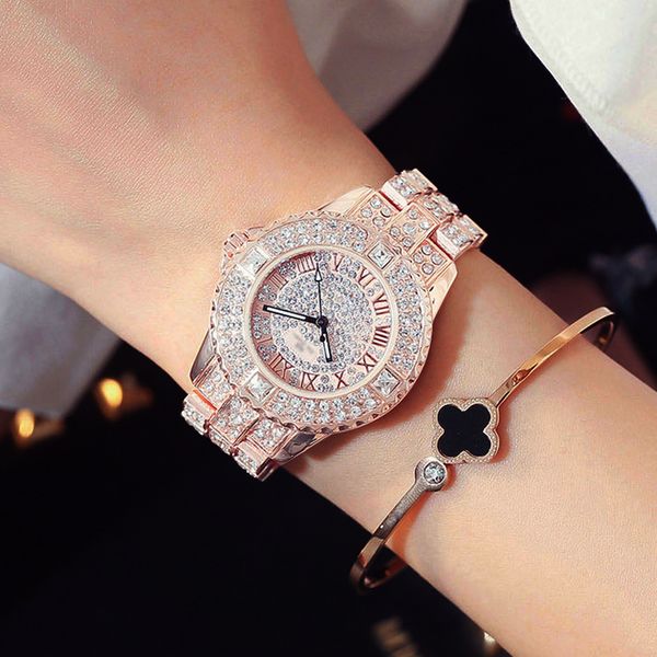 

new luxury rhinestone bracelet watch women diamond fashion ladies rose gold dress watch stainless steel crystal wristwatch clock, Slivery;brown