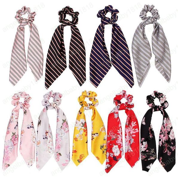 Girls Vintage Big Bow Elastic Knot Ribbon Scrunchies Print Fabric