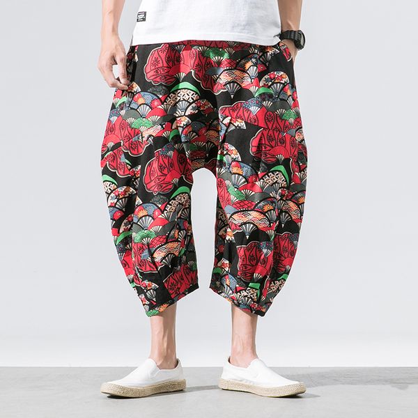 

men wide leg harem pants casual loose joggers trousers 2020 calf-length fashion mens print baggy hiphop pantalon hombre trousers, Black