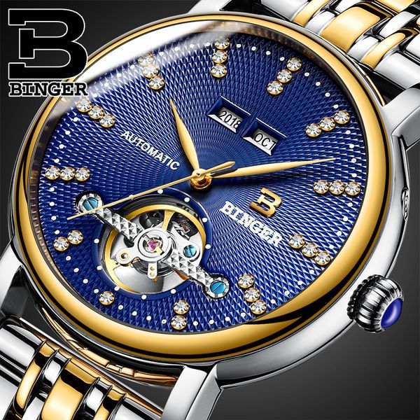 

2017 new binger men's watch luxury diamond full stainless steel sapphire superior quality mechanical wristwatches b-1173-3, Slivery;brown