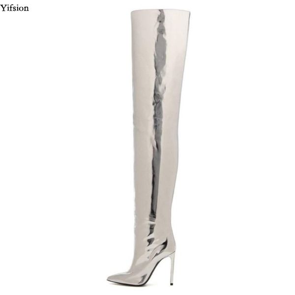 

yifsion women winter over the knee shiny boots stiletto heels boots nice pointed toe silver night club shoes women us size 5-15, Black