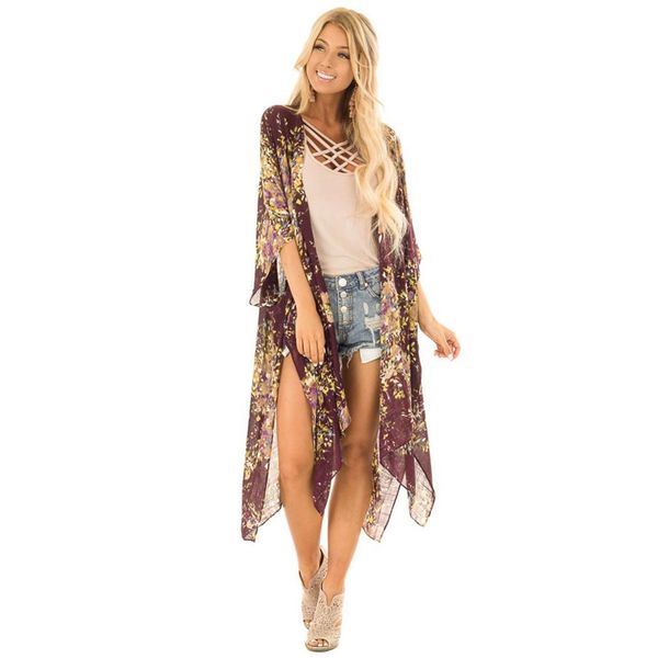 

women casual floral print irregular hem spring, summer, autumn split cardigan cover up casual, outdoor, etc, Blue;gray