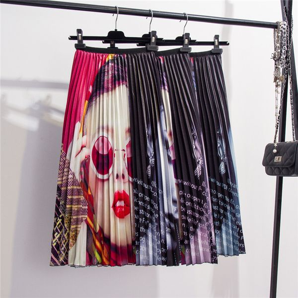 

womens pleated a-line midi skirt cartoon print high waist pattern elastic mid-calf skirts lady 2020 summer autumn bottoms woman, Black